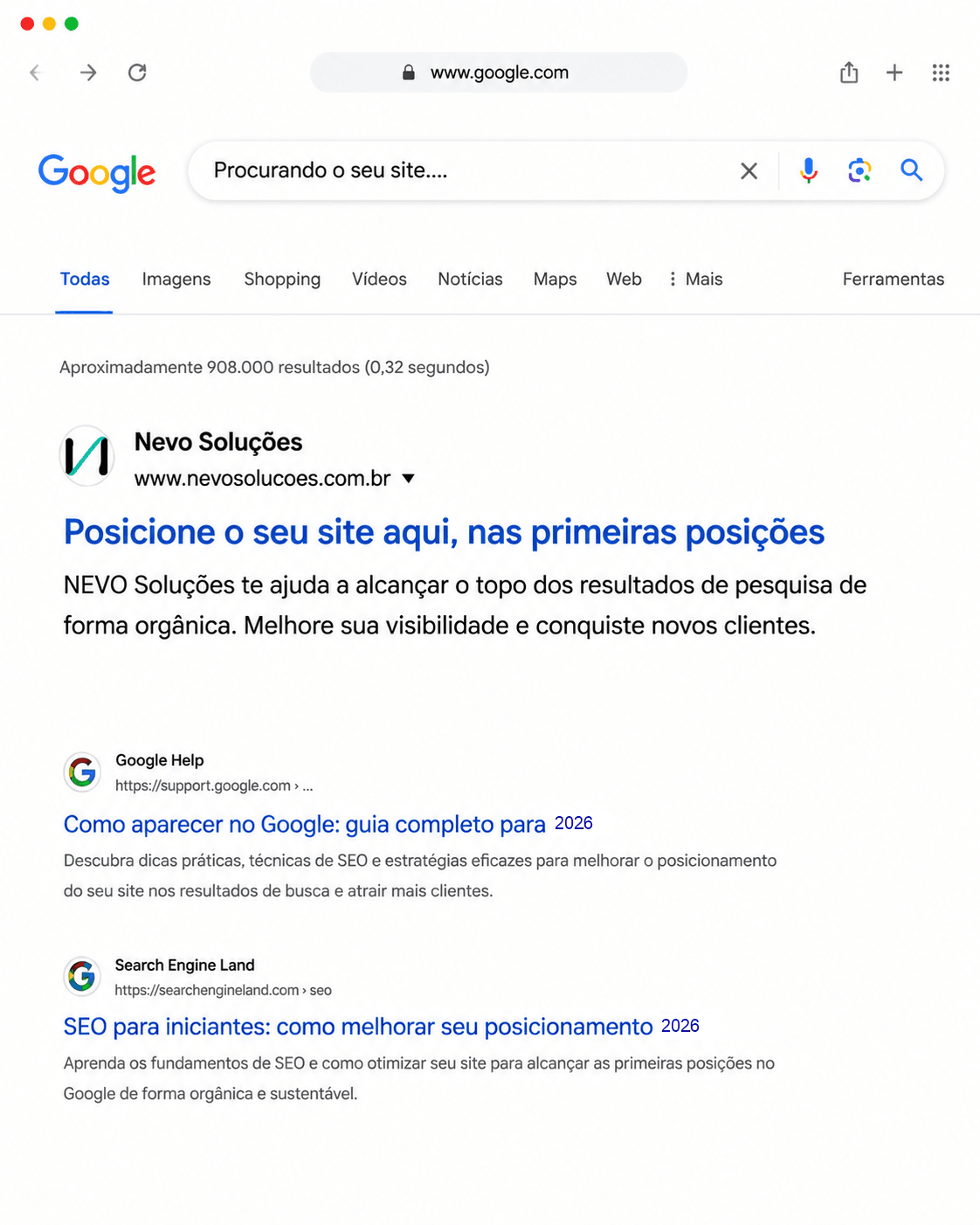 Resultado de busca do Google mostrando o site da Nevo em primeira posição